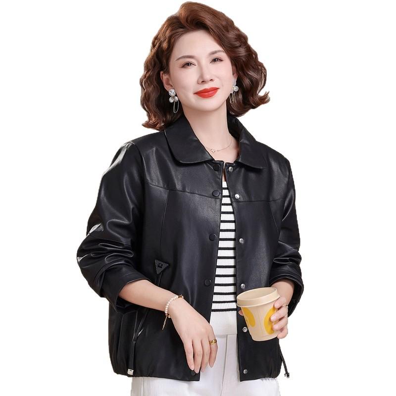 2026 Stylish Plus Size Leather Jacket for Middle-Aged & Elderly Women - Spring/Fall Casual Wear