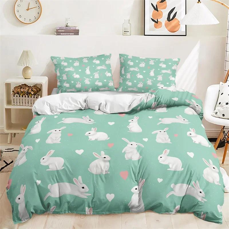 Cartoon Rabbit Duvet Cover Easter Bedding Set Animals Pattern Festival Celebrate Comforter Cover Set Twin For Girl Nursery Child