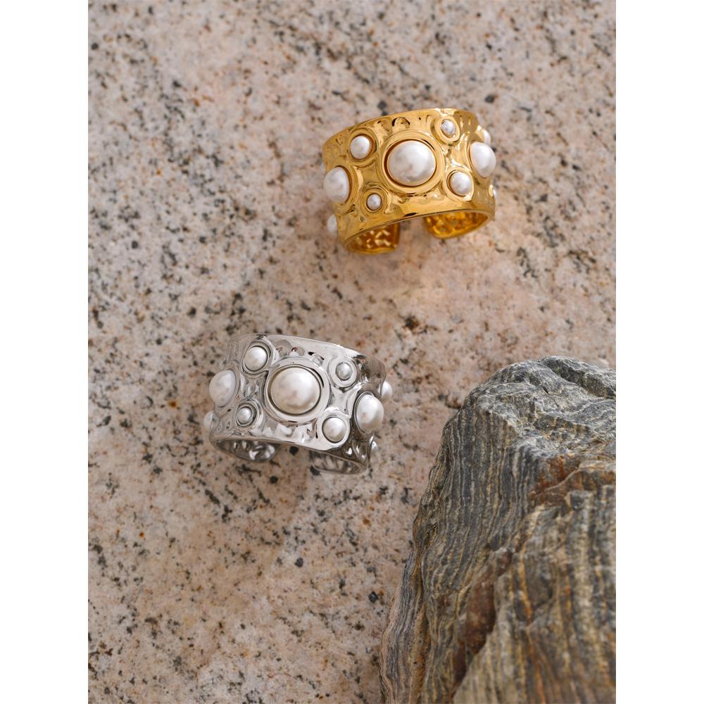 Eetit Pentru tine:7 Perle Simulate Metal Ciocănit Inel Larg Deschis Oțel Inoxidabil Rezistent la Rugină Farmec Bijuterii de Deget Recomandat