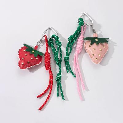 Cute Leather Strawberry Pearl Bag Charms Nylon Rope Keychain Aesthetics Backpack Accessories