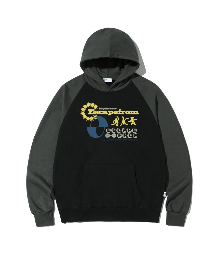 Escape From Adventure People Print Raglan Color Block Hoodie Black M