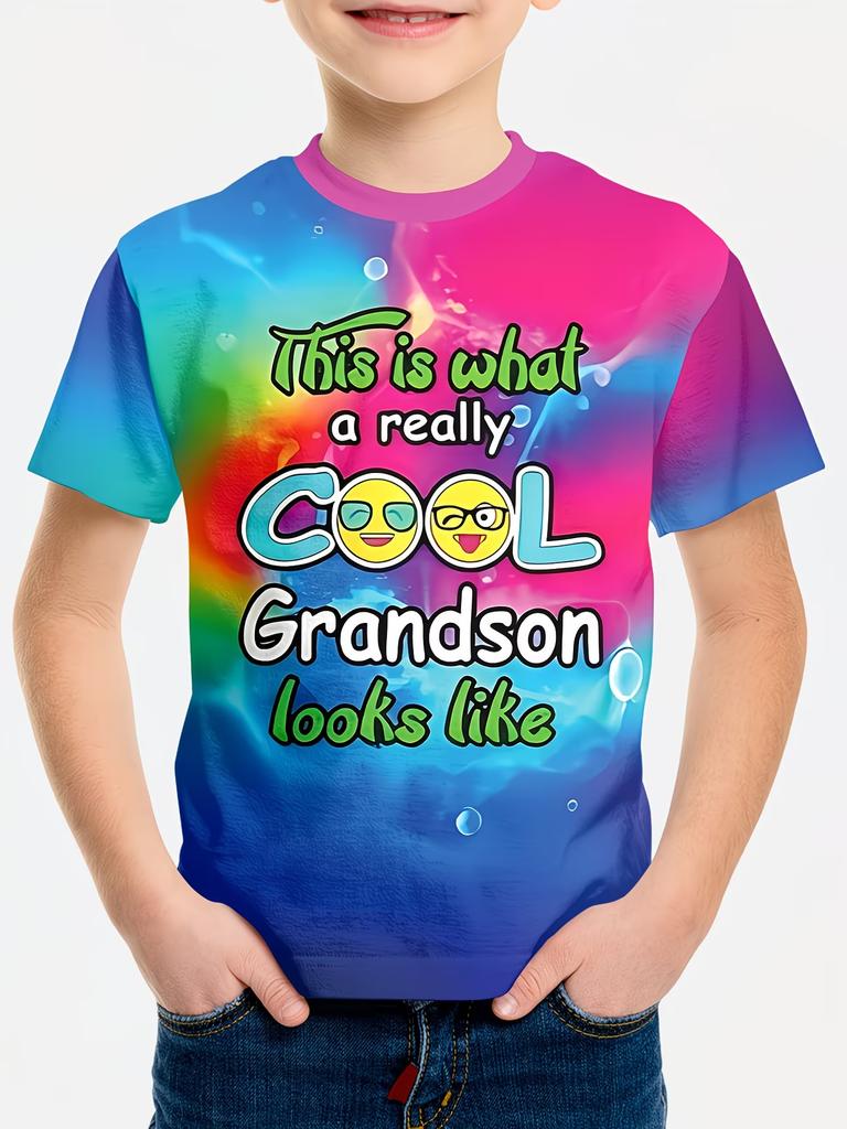 Kids Colorful Cool Grandson Print T-Shirt, Boys Summer Short Sleeve Tee