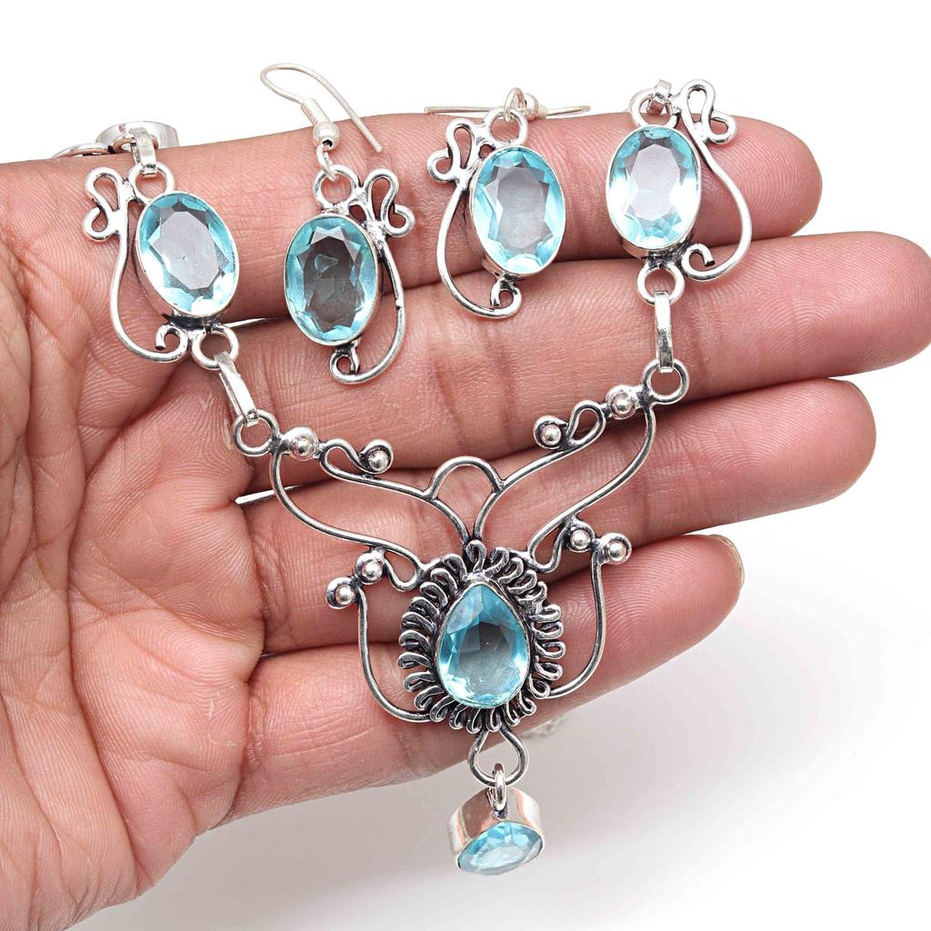 Swiss Blue Quartz Gemstone Handmade Jewelry Necklace & Earrings 18-20''