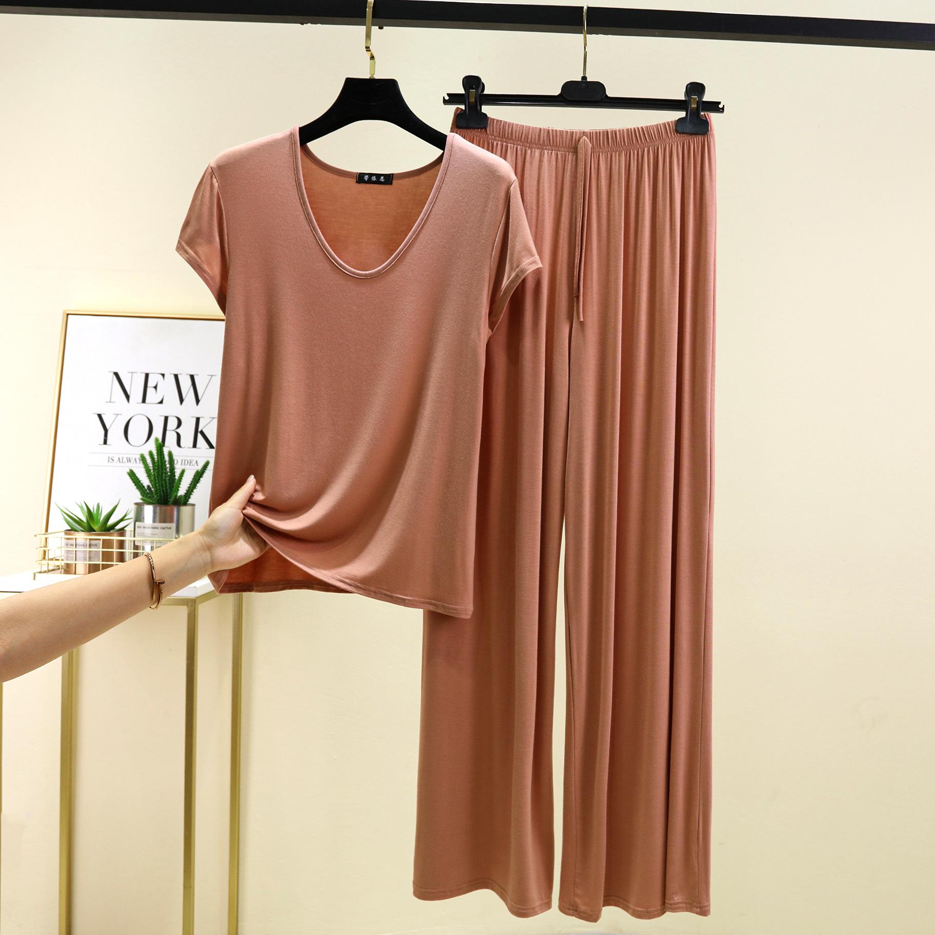 

Большие размеры от M до 6XL Футболка с коротким рукавом и U-образным вырезом и широкие брюки Женская домашняя одежда, комплект из 2 предметов, летняя модальная пижама, однотонные повседневные пижамы 6XL