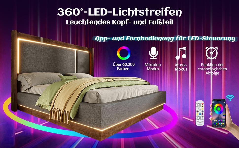 160x200 Double Bed Upholstered Bed with Slatted Frame, LED & Bed Drawer, Hydraulic, Linen Grey & Walnut, without Mattress