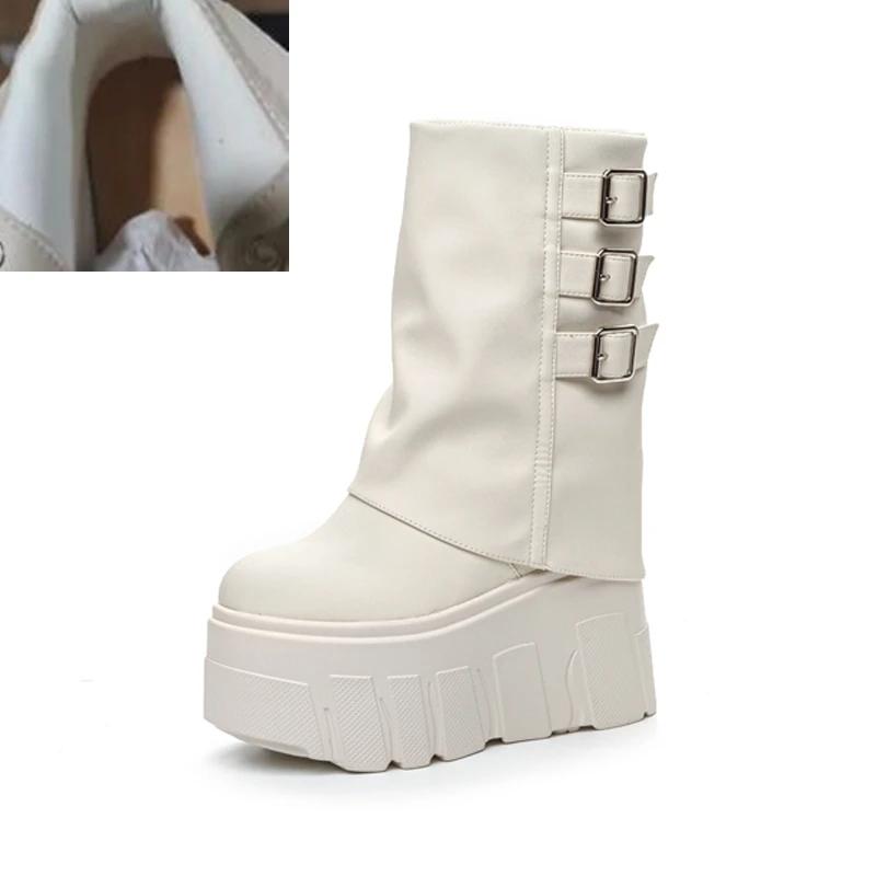 Kalhotové kozačky Dámské Podzim Zima Tenký Fleece Dámské Kotníkové Boty Vysoký Podpatek Platforma Přezka s Páskem Trend Dámské Kozačky