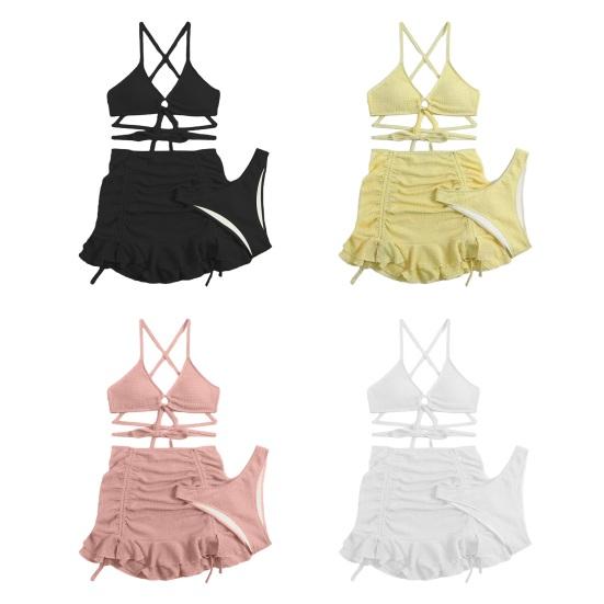 3Pcs/Set Women Swimsuit Solid Color Wave Texture Sexy Split Bikini with Drawstring Ruffle Trim Skirt Lace-up Beachwear
