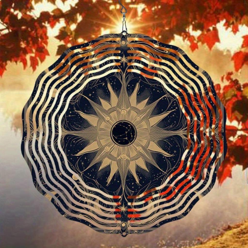 Solarbetriebenes Windspiel mit Sonne & Mond Mandala – 2D Rotierende Metall-Außendekoration für Garten, Terrasse oder Balkon | Keine Batterien erforderlich