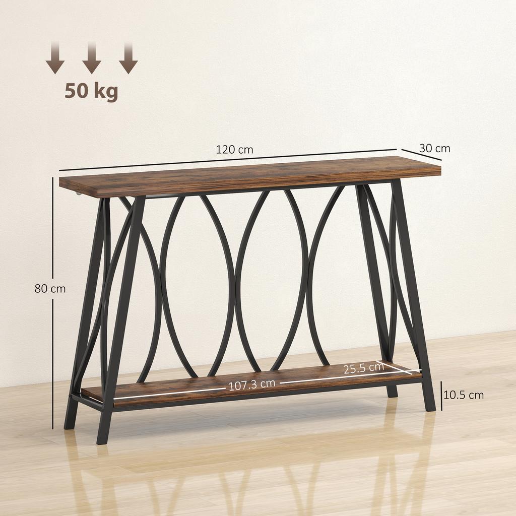 Narrow Console Table, Industrial 2-Tier Sofa Table with Metal Frame for Entryway, Living Room, 120x30x80cm, Rustic Brown