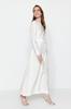 Women's Style Hijab Dress White Wide Belted Zipper Cuffed Woven Linen Look Dress