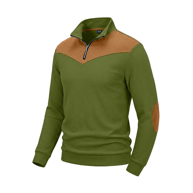 Herbst Winter Herren Color Block Sweatshirt Vertikal Rippstrick Halber Reißverschluss Stehkragen Pullover Wildlederflicken Schulter Ellbogen Vintage Lässig Langarm Oberteile