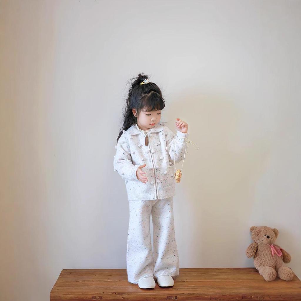 Girls' Pom-pom Knit Cardigan & Wide-leg Pants Set - Warm, Soft, and Fluffy for Autumn/Winter