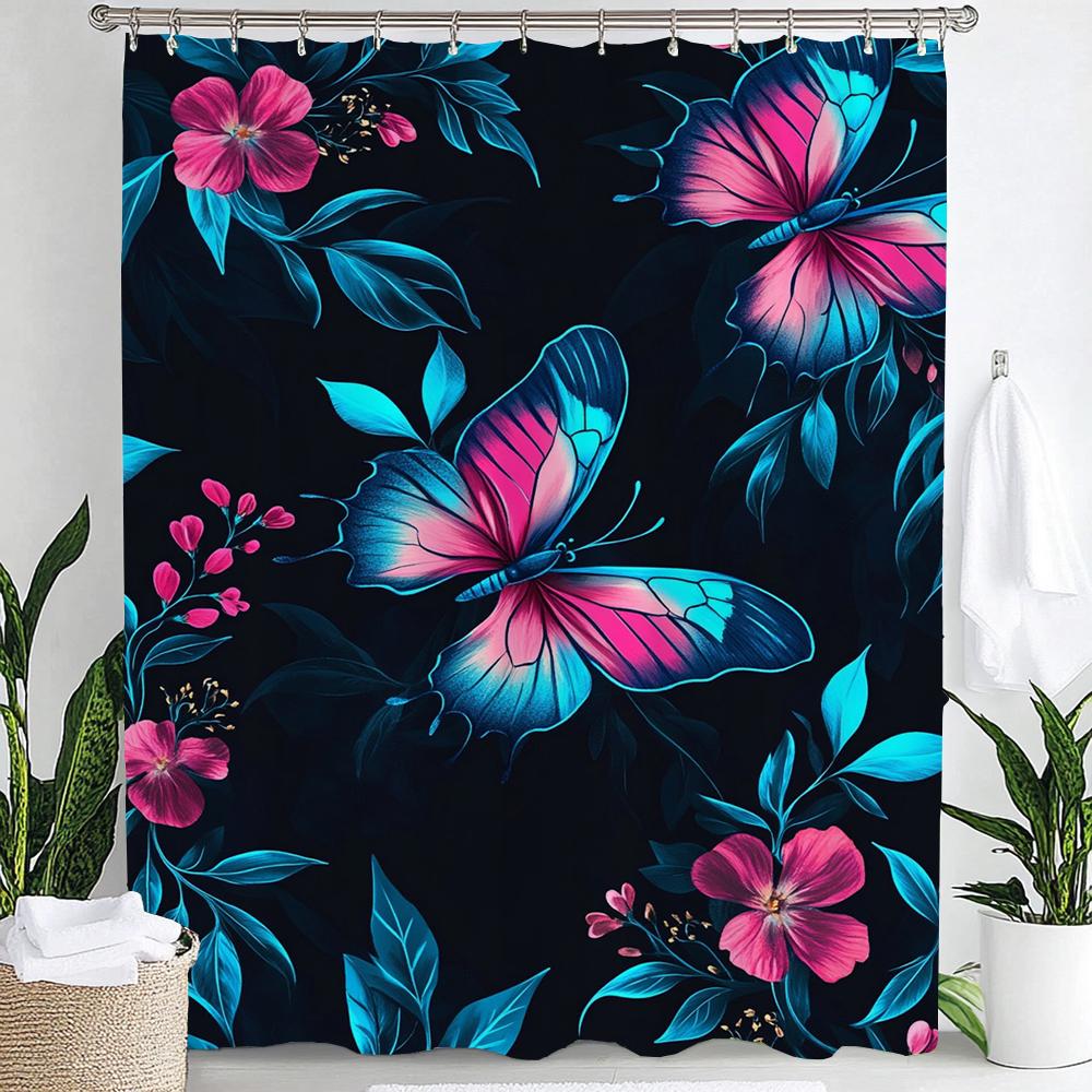 Purple Blue Floral Bouquet Butterfly Shower Curtain,Dreamy Painting Flowers &Butterfly,Bathroom Decorative Shower Curtains