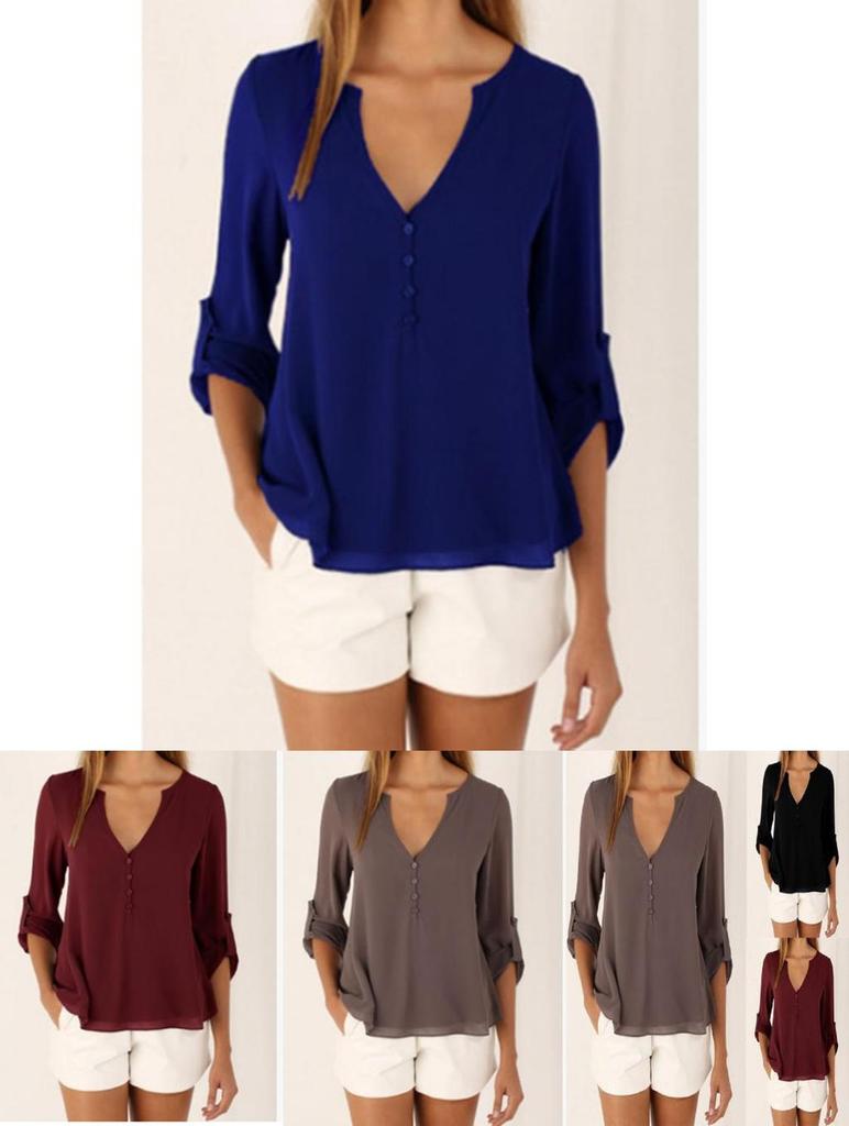 Women Casual Sexy Deep V Neck Chiffon Blouse Shirt With Slim Waist And Long Sleeves