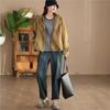 Johnature Woman Autumn Drawstring Long Sleeves Loose Casual Coat Solid Color Zipper Hooded Splicing Coat