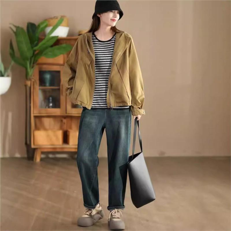 Johnature Woman Autumn Drawstring Long Sleeves Loose Casual Coat Solid Color Zipper Hooded Splicing Coat