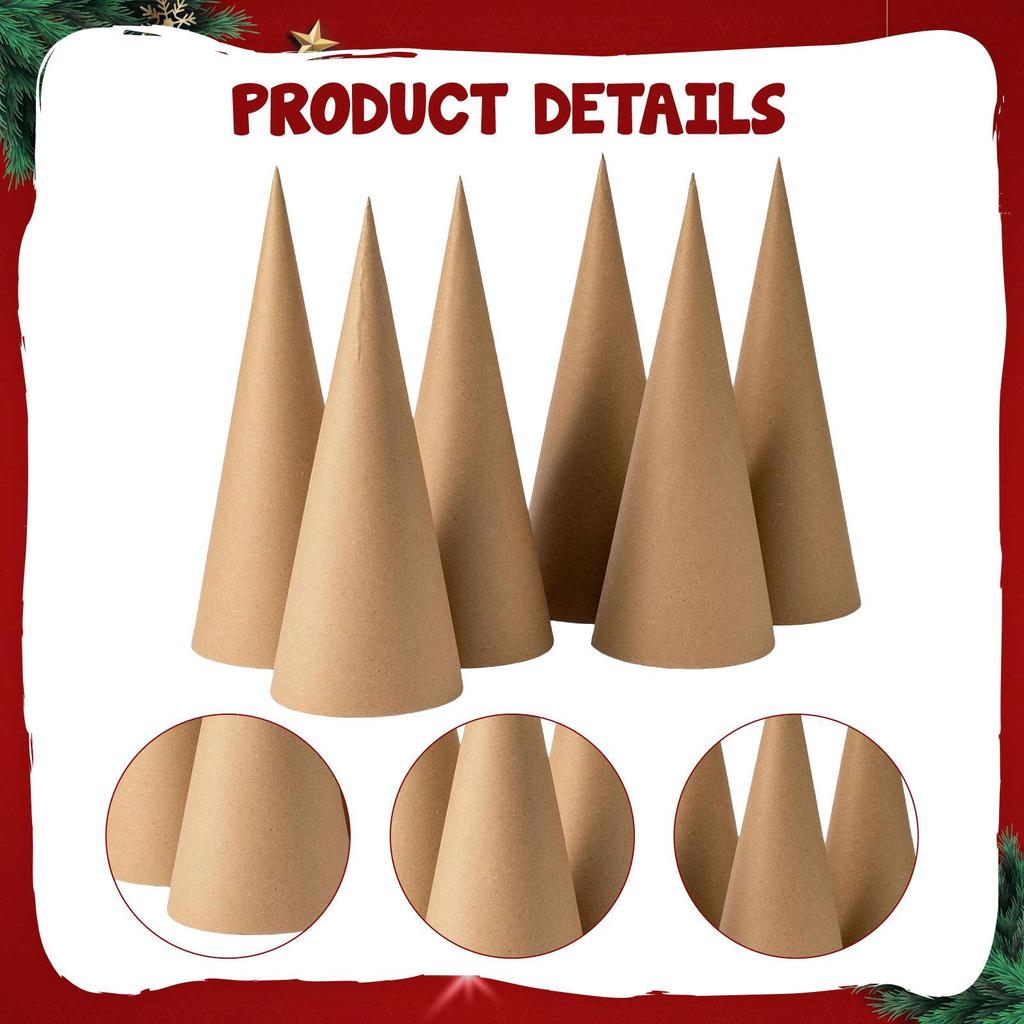 6x Paper Mache Cones,Open Bottom 30cm Crafts Cones Christmas Tree Decoration for School Party Hat
