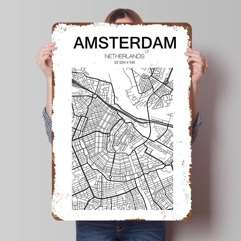 

Amsterdam City Map Poster Customized Wall Art Vintage Metal Signs Retro Tin Plaque for Man Cave Home Decor Living Room Wand Deko 20x30cm（7.8x11.8inch）