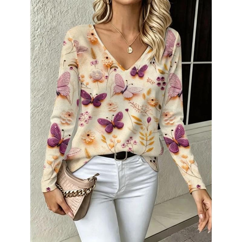 Fashion Women's V-Neck Long Sleeve 3D Animal Color Printing Casual Long Sleeve V-Neck T-Shirt