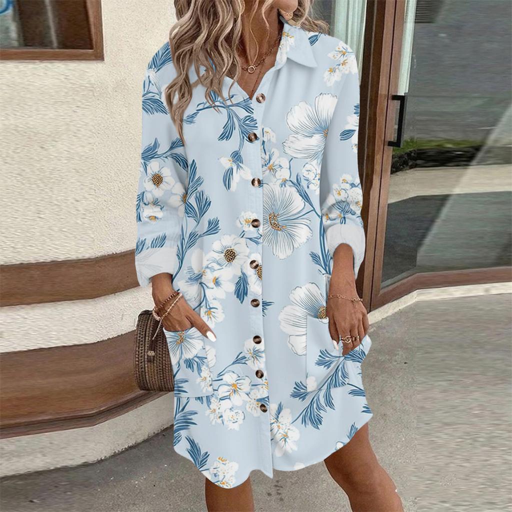 Women's Fashion Temperament Autun And Winter Button Lapel Pocket Long Sleeve Floral Print Dress