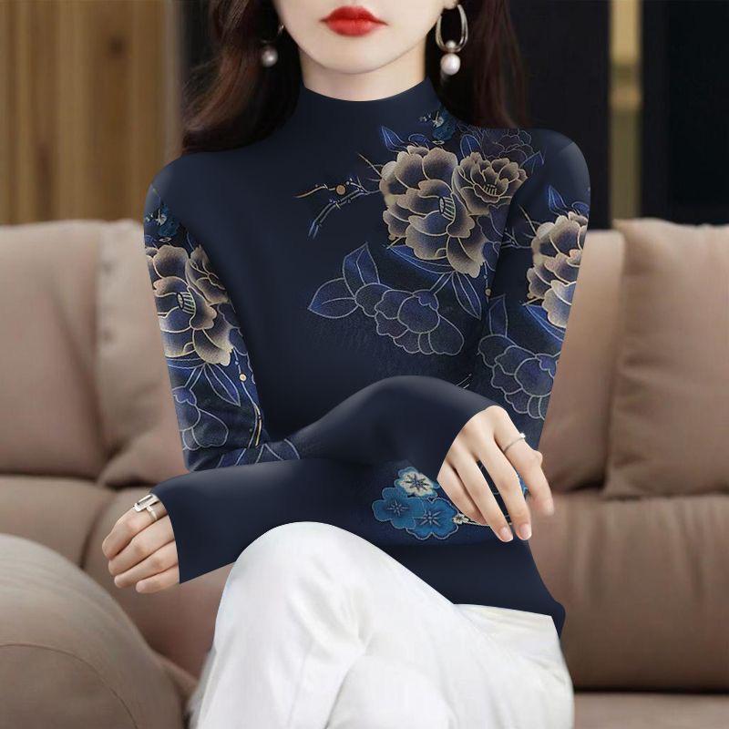 Plus Velvet Thickened Long Sleeve High Collar Printed Top for Middle-aged & Elderly Women – Tummy Covering, Spring/Autumn Fashion