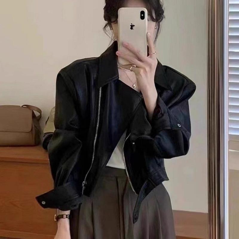 Autumn Winter Street Style Loose Casual Polo-neck PU Leather Zipper Jacket Women Y2K Hipster Cardigan Top Coat