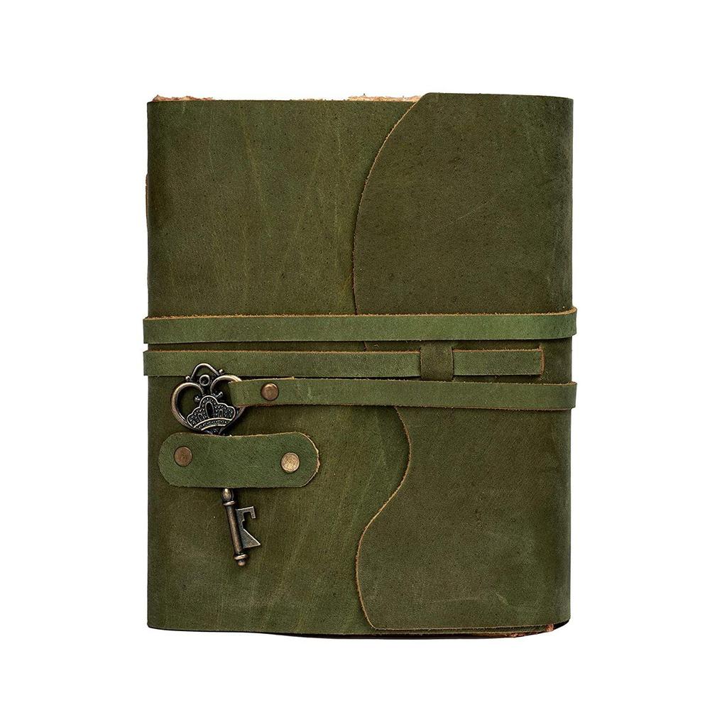 Handmade Vintage Leather Diary -Vintage Handmade Pages - Antique Key Closure - Green Color. Size 6x4 Inches