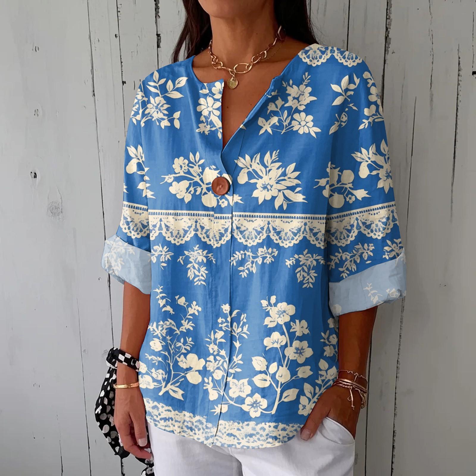 

Женская модная повседневная блузка с V-образным вырезом на пуговицах и рукавом семь четвертей, с принтом, из хлопка и льна L