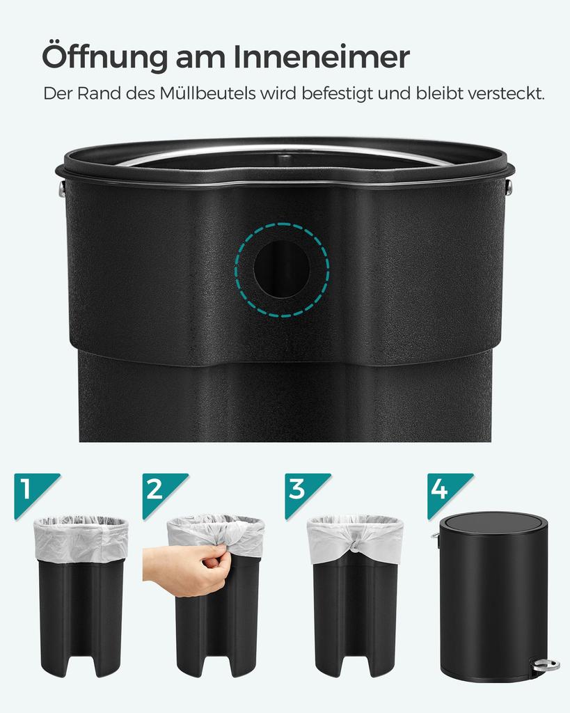 SONGMICS Bathroom Bin, 3 Litre Toilet Pedal Bin, Cosmetic Bin with ABS Lid and Plastic Inner Bucket, Steel