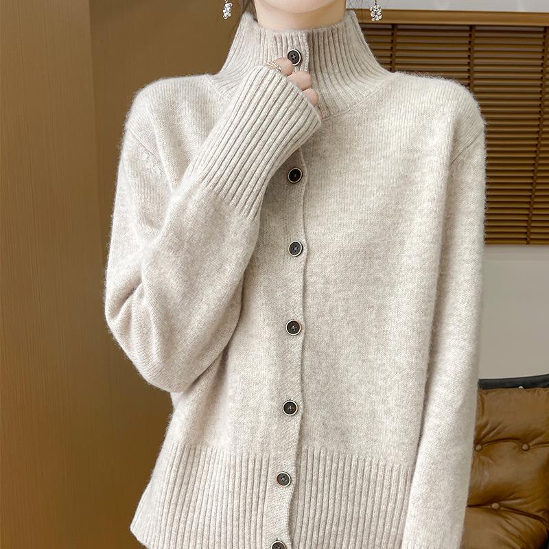 Seven-Needle Stand-Up Collar Cashmere Cardigan: Warm, Simple Solid Color, Versatile Age-Reducing Knitted Sweater.