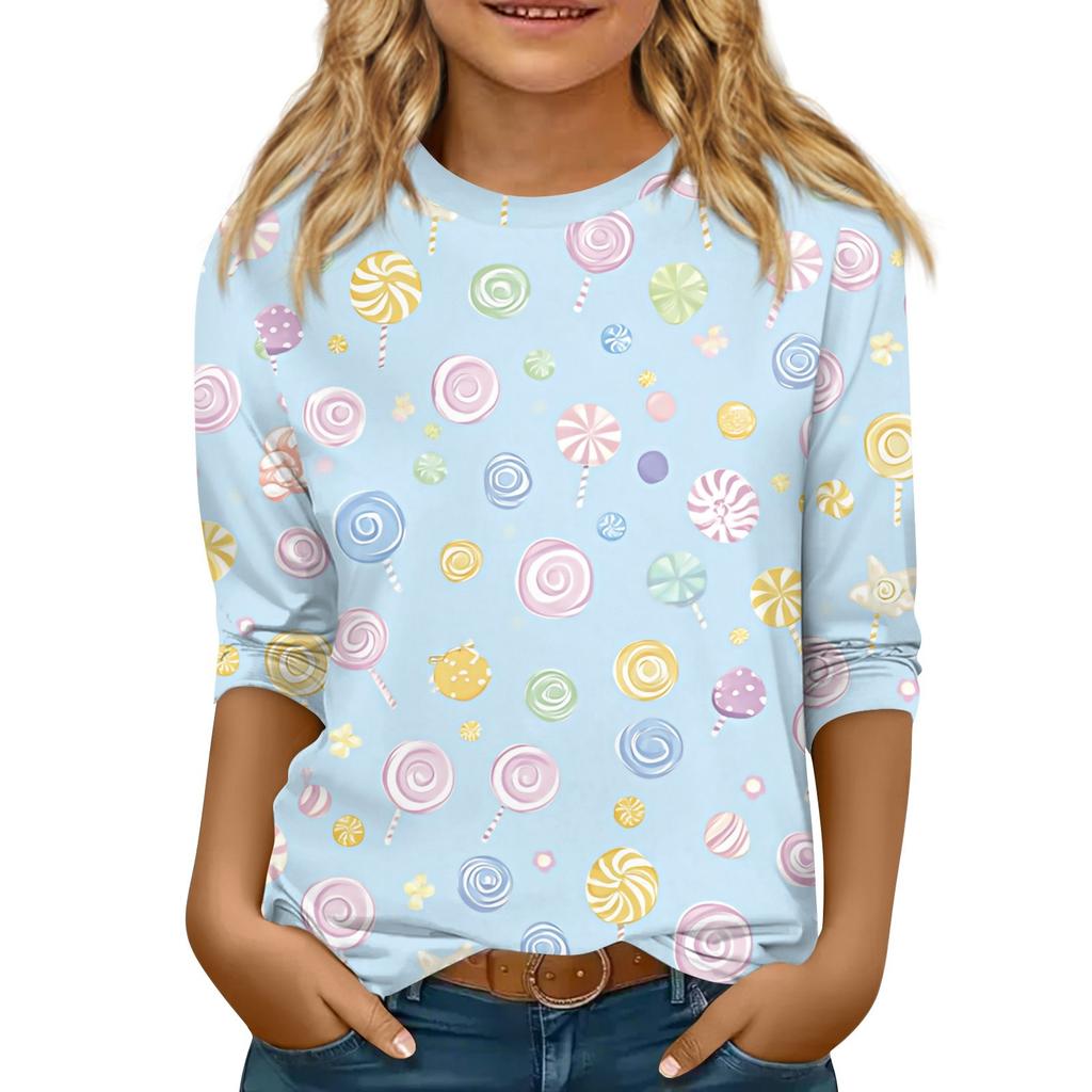 Kinder 3/4 Ärmel Tops Casual Print T-Shirt Rundhals Pullover Bluse