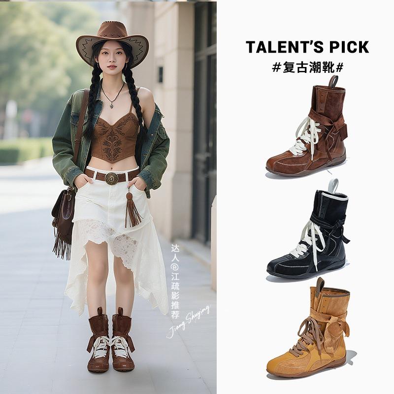 Bandage Martin Boots Women's Autumn and Winter New Retro Pair Boots Western Cowboy Boots Versatile Boots Women