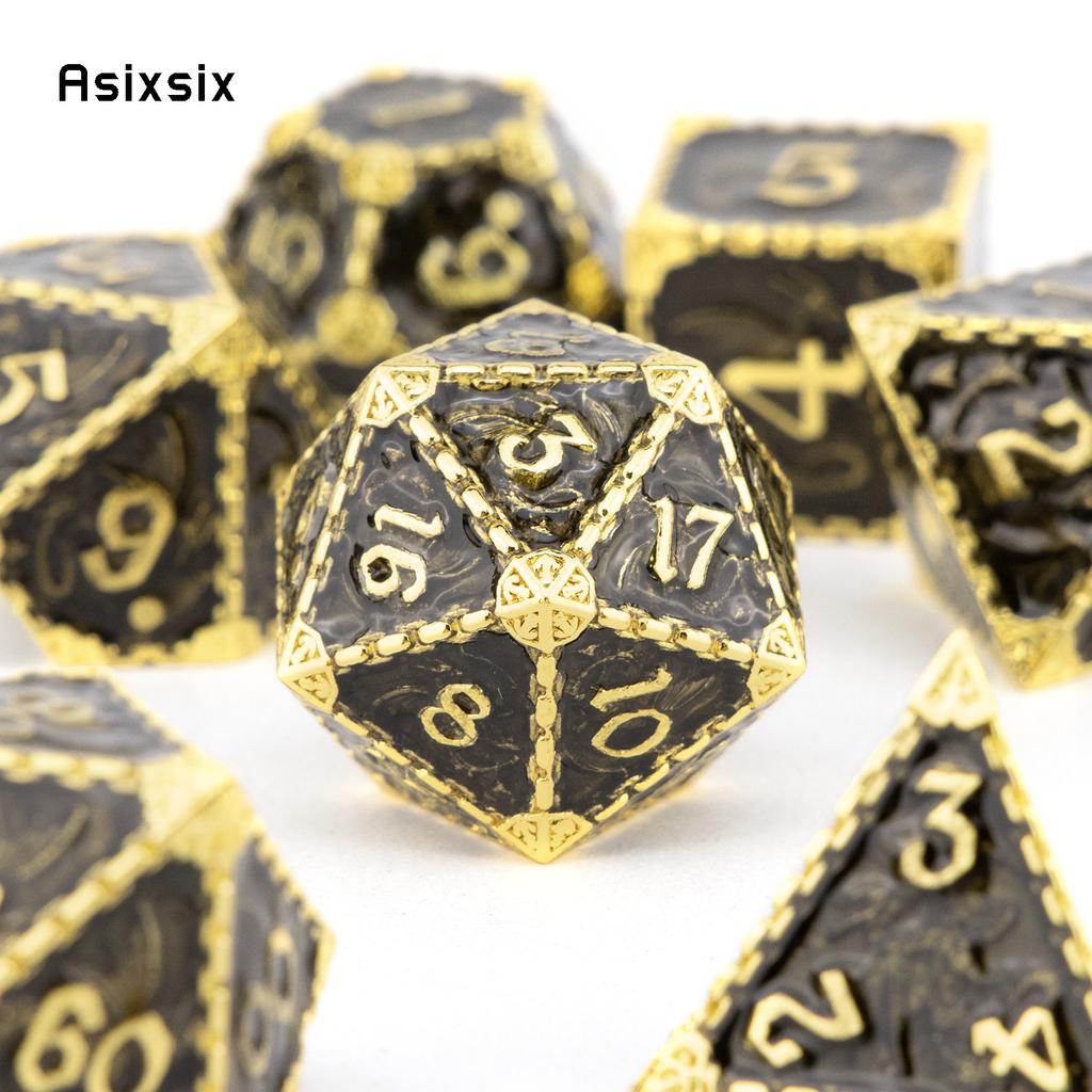 7 Pcs Black Golden Dragon Metal Dice Solid Metal Polyhedral Dice Set Suitable For Role-Playing Dice PropBoard Game Gift