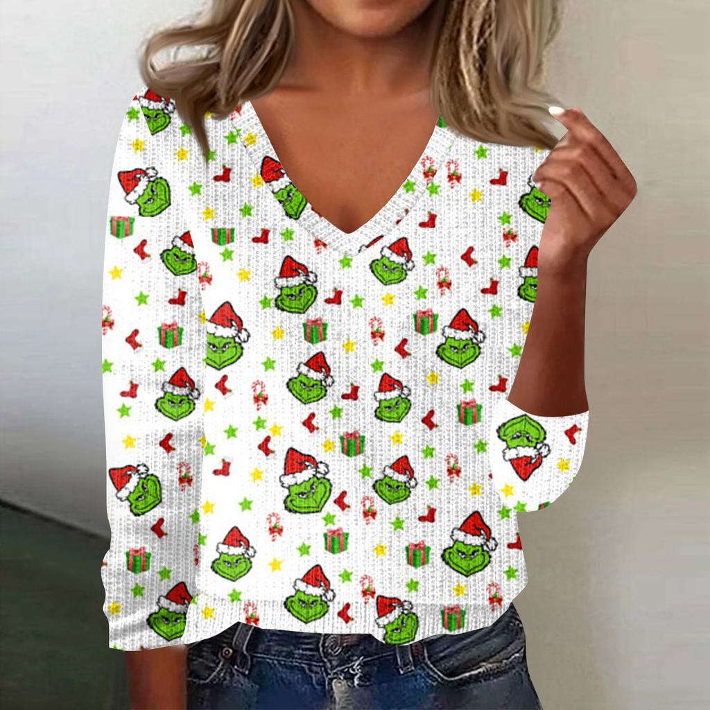 Women's Cute Sweatshirt Knitted Fashion Casual V-neck Long-sleeved  Cozy Print Top