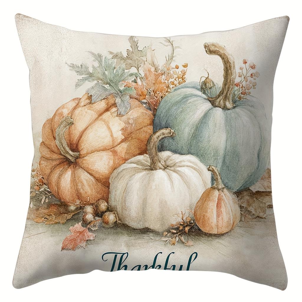 Autumn Decorative Pillow Covers - Vintage Pumpkin, Floral & Lantern Print with Hello Fall, Thankful, Hello Autumn & Grateful