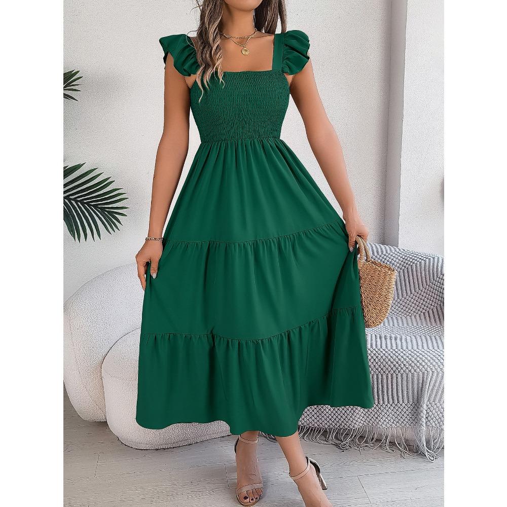 Summer Solid Colour Square Neck Wooden Ear Side Waist A-Line Long Women's Loose Casual Dresses