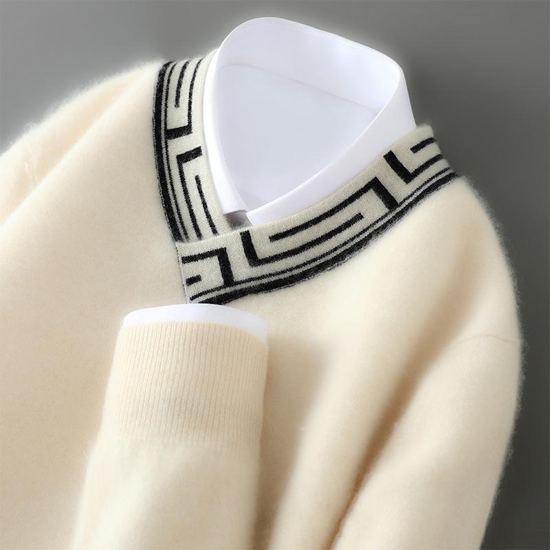Twelve Needle Double-strand High-strength Color-blocking Cross V-neck Cardigan Men's Autumn and Winter New Fashionable and Versatile Base Shirt