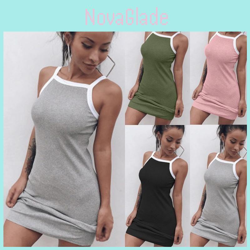 Damen Lässiges Sexy Sommerkleid Ärmellos Träger Kurz Eng Baumwollmischung Stil
