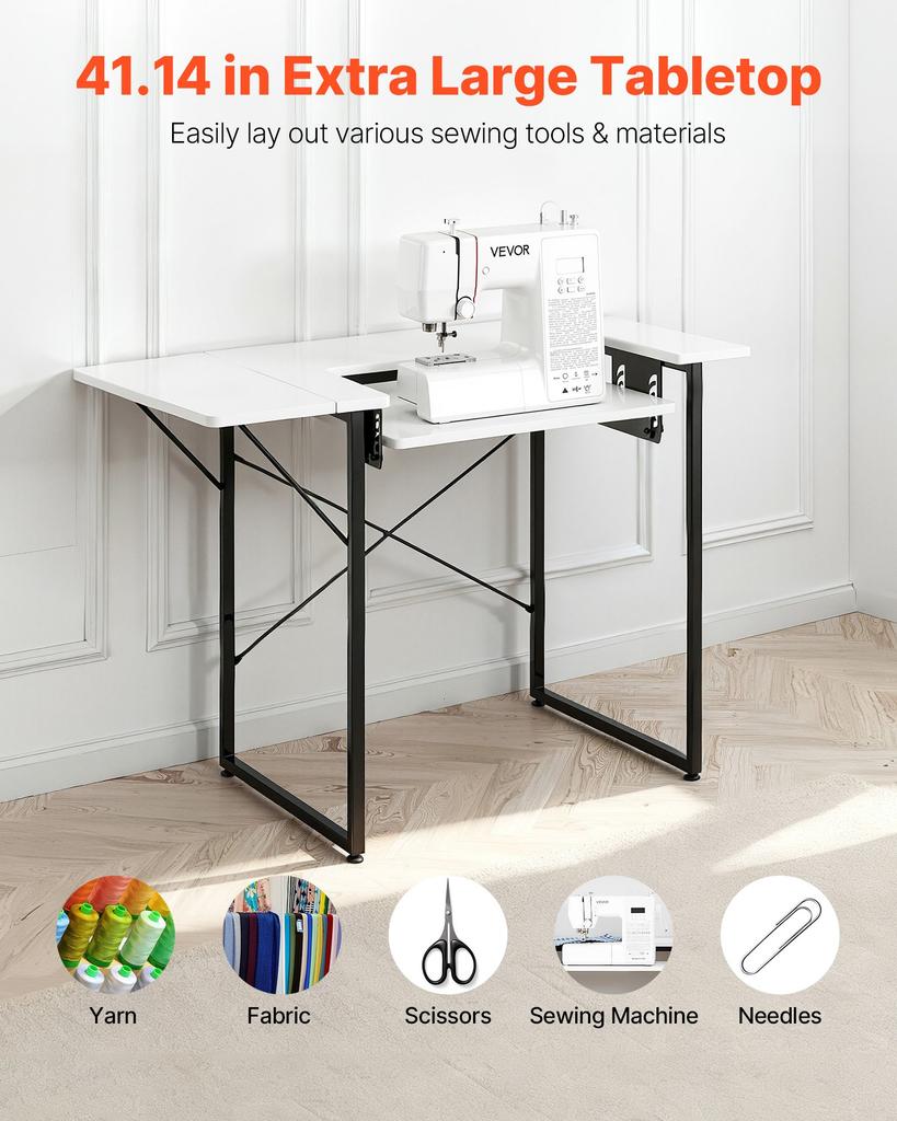 VEVOR Sewing Table, Multipurpose Sewing Machine Table with Foldable Side Shelf, Adjustable Shelf, Steel Legs, Computer Desk for Home, Fashion Studio