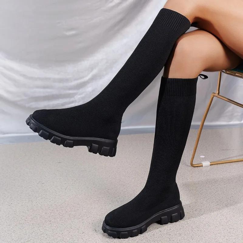 Fashion Thick Sole Knitted Long Boots for Women Fashion Elastic Socks Shoes Boots Over Knee Round Toe Low Heels Botas De Mujer 2024