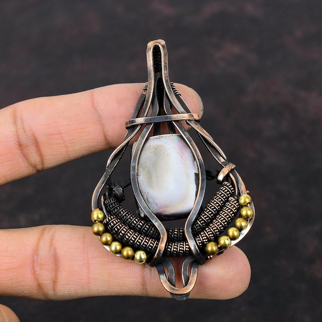 Black Mother Of Pearl Copper Pendant Wire Wrapped Pendant Handmade Pendant Copper Wire Wrap Jewelry Engagement Gift Natural Gemstone Jewelry