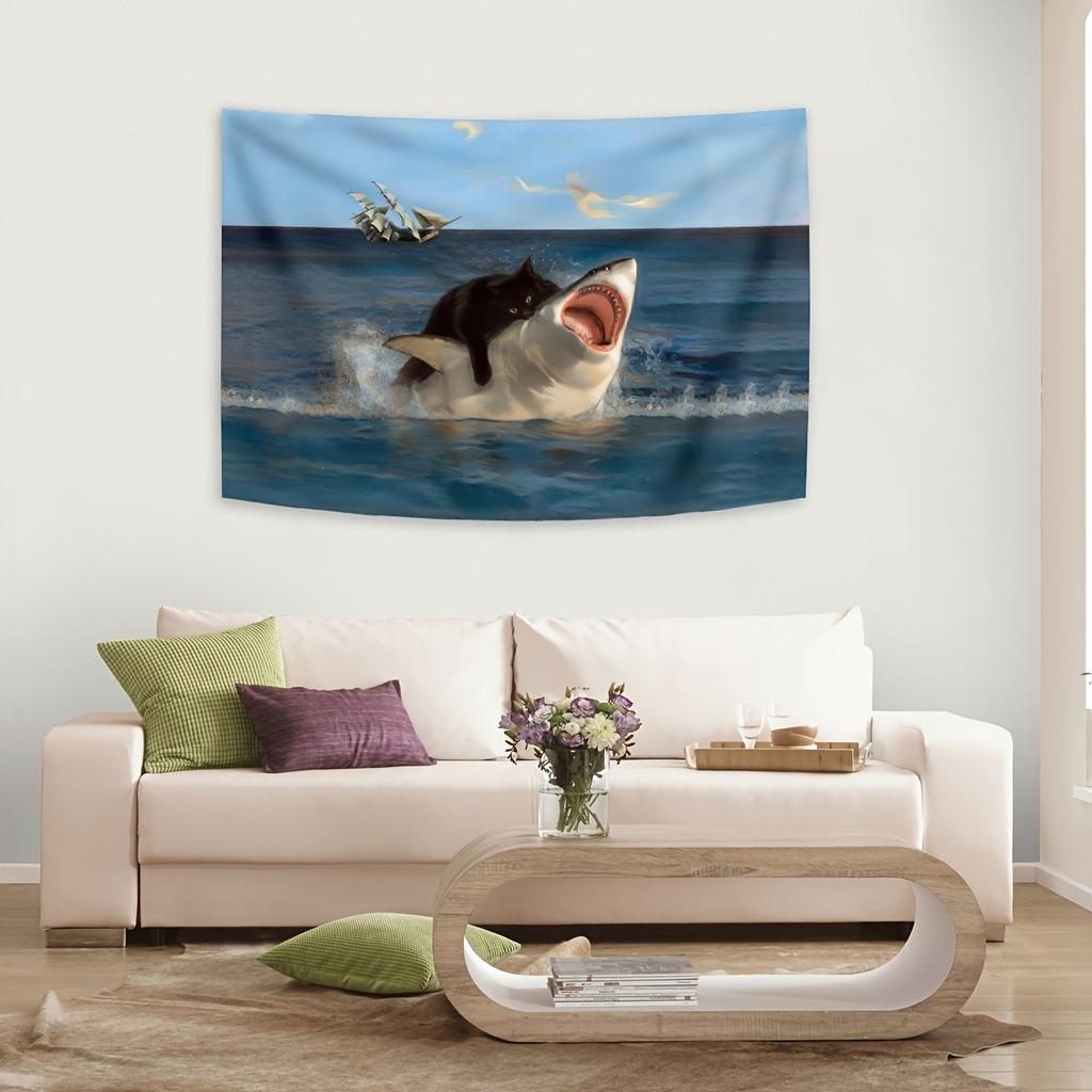 Cat And Shark Battle Art Tapestry Fantasy Landscape Art Room Dormitory Home Decoration Art Wall Hanging