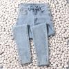 Women's High-Waisted Light Blue Skinny Jeans - Slim Fit, Frayed Hem, Ankle-Length, Summer 2025 New Arrival