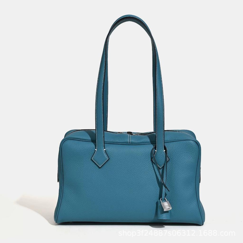 First Layer Cowhide Victoria Bowling Pillow Bag Genuine Leather Portable Tote Bag Fashionable High-end Shoulder Messenger Bag