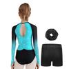 Mädchen Turnanzug Netz Langarm Leotard Strass-Dekor Shorts Stirnband Set