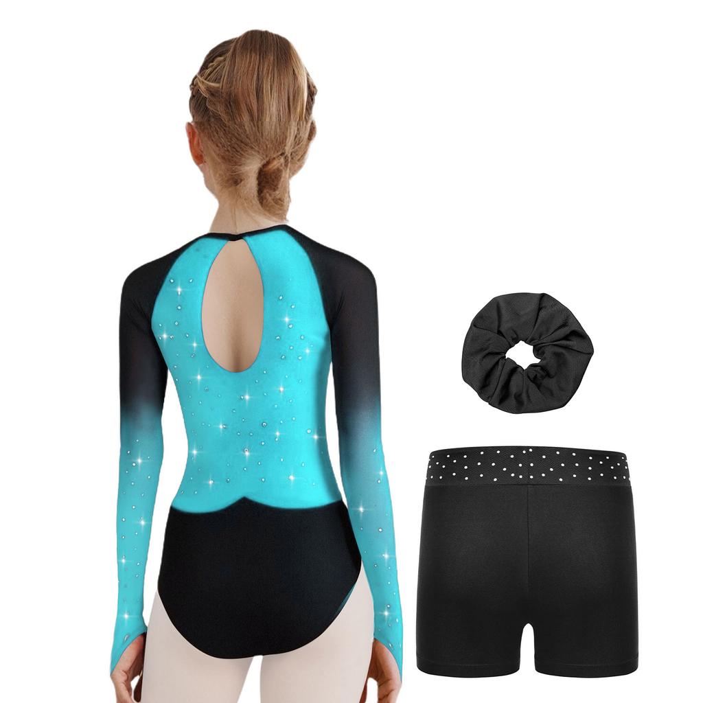 Mädchen Turnanzug Netz Langarm Leotard Strass-Dekor Shorts Stirnband Set