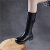 Johnature Stivali da Cavaliere da Donna in Vera Pelle Retro con Suola Spessa Punta Rotonda Fibbia Cinturino Stivali Alti