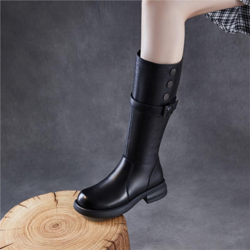 Johnature Stivali da Cavaliere da Donna in Vera Pelle Retro con Suola Spessa Punta Rotonda Fibbia Cinturino Stivali Alti