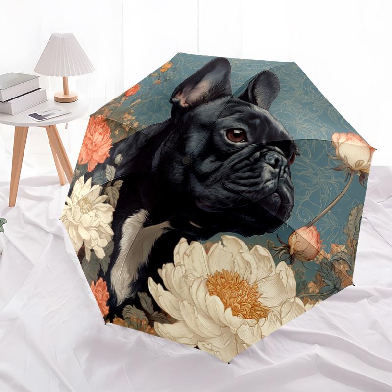0106 Floral Black Dog  pattern, automatic folding umbrella, portable and foldable design, 8 ribs, a Christmas or birthday gift.