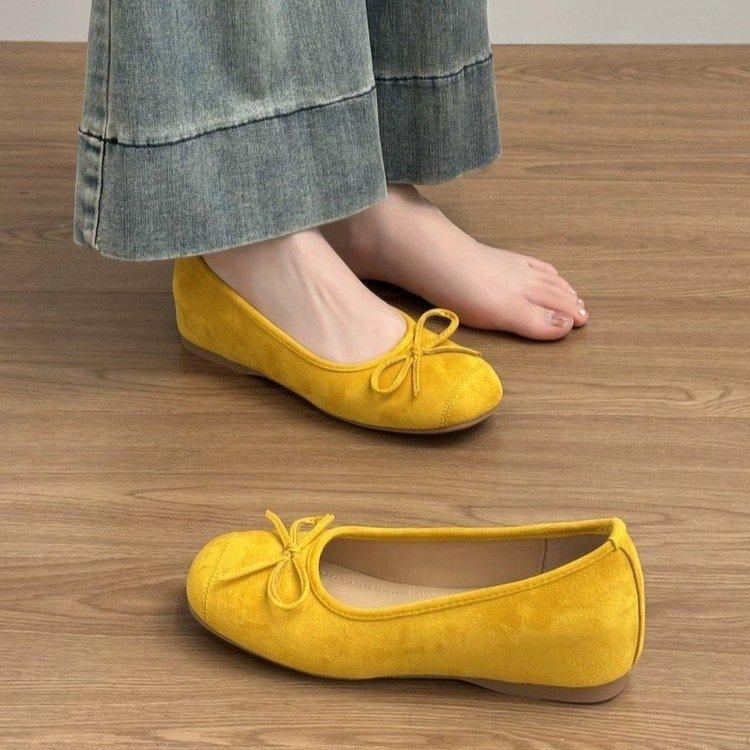 French bow heightening ballet shoes women's 2025 autumn new yellow flat bottom shallow mouth single shoes evening shoes
